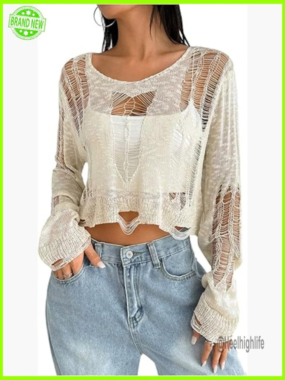 Ripped Distressed Knit Crop Top Long Sleeve Hollow Out Crochet